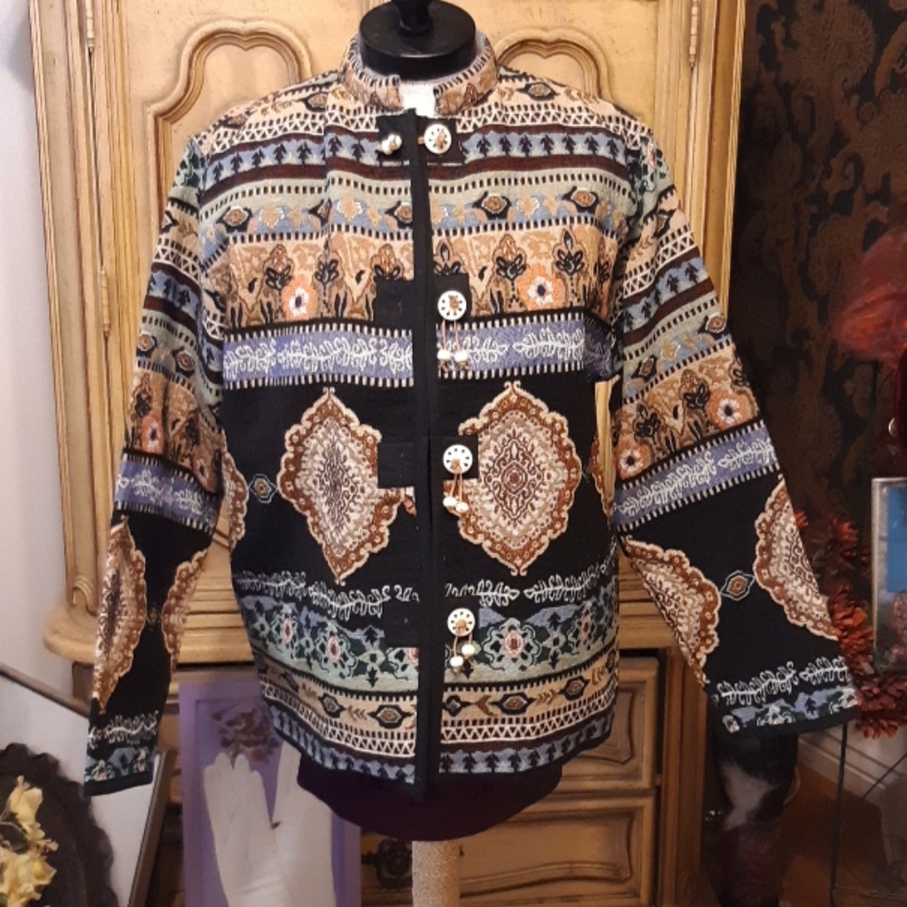 Womans Jacket coat sz L texture canvas Classic weave design print long sleeve